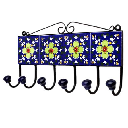 Blue Floral Ceramic Tiles Hooks-456 (Set Of Ine Piece)